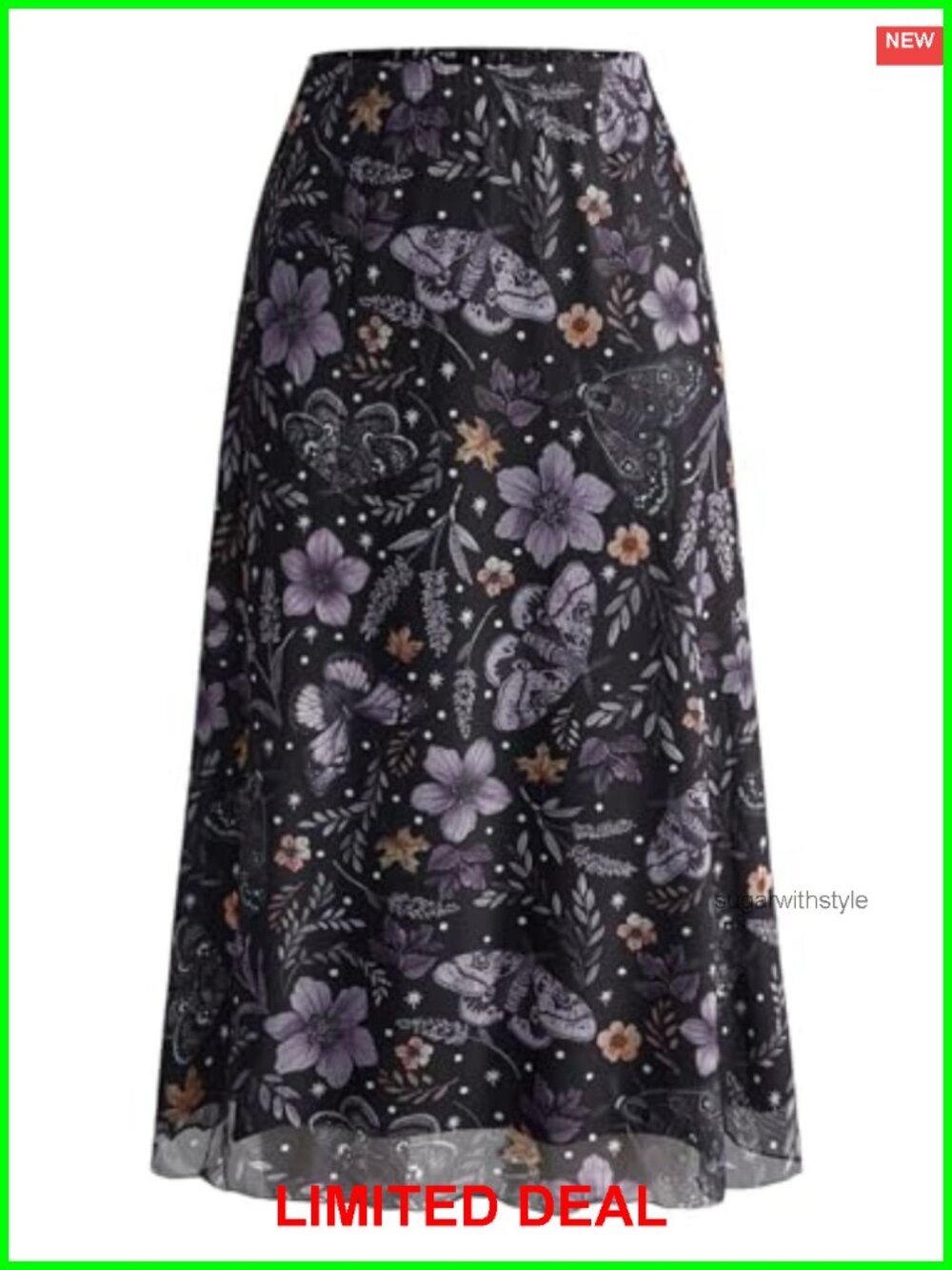 Milumia Floral Mesh Midi Skirt Elastic Waist A Line Swing Casual